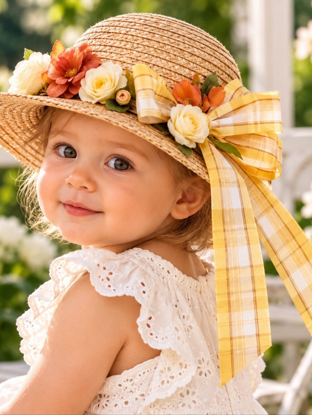 Toddler Floral Straw Sun Hat Yellow Plaid Bow Vintage Style